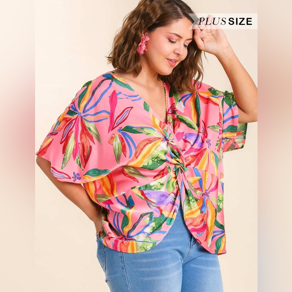Umgee NWT Plus Size Pink Multicolor Floral Twist Front Blouse Top